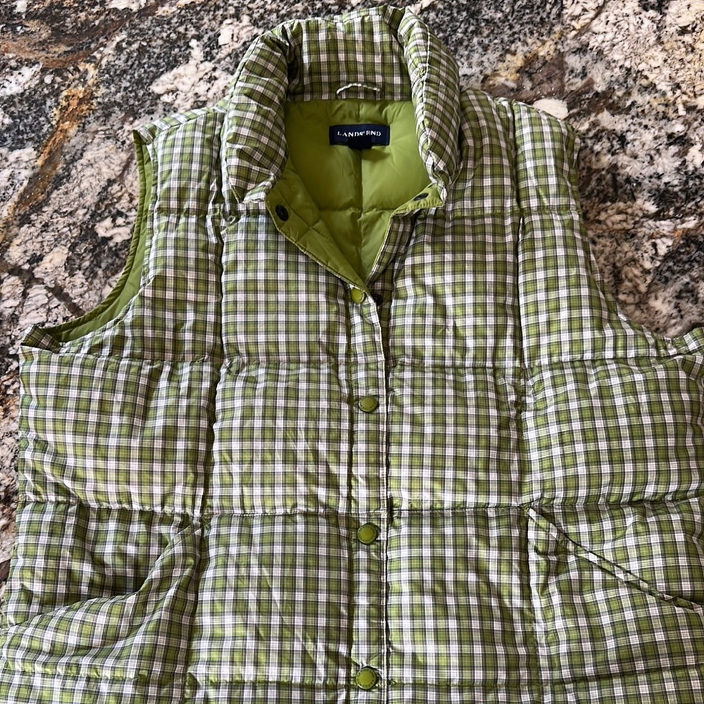 Lands' End Green Plaid Women's Puffer Vest